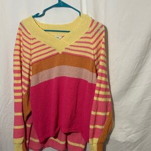 DAVI & DANI V-Neck Striped Sweater in Pink and Yellow